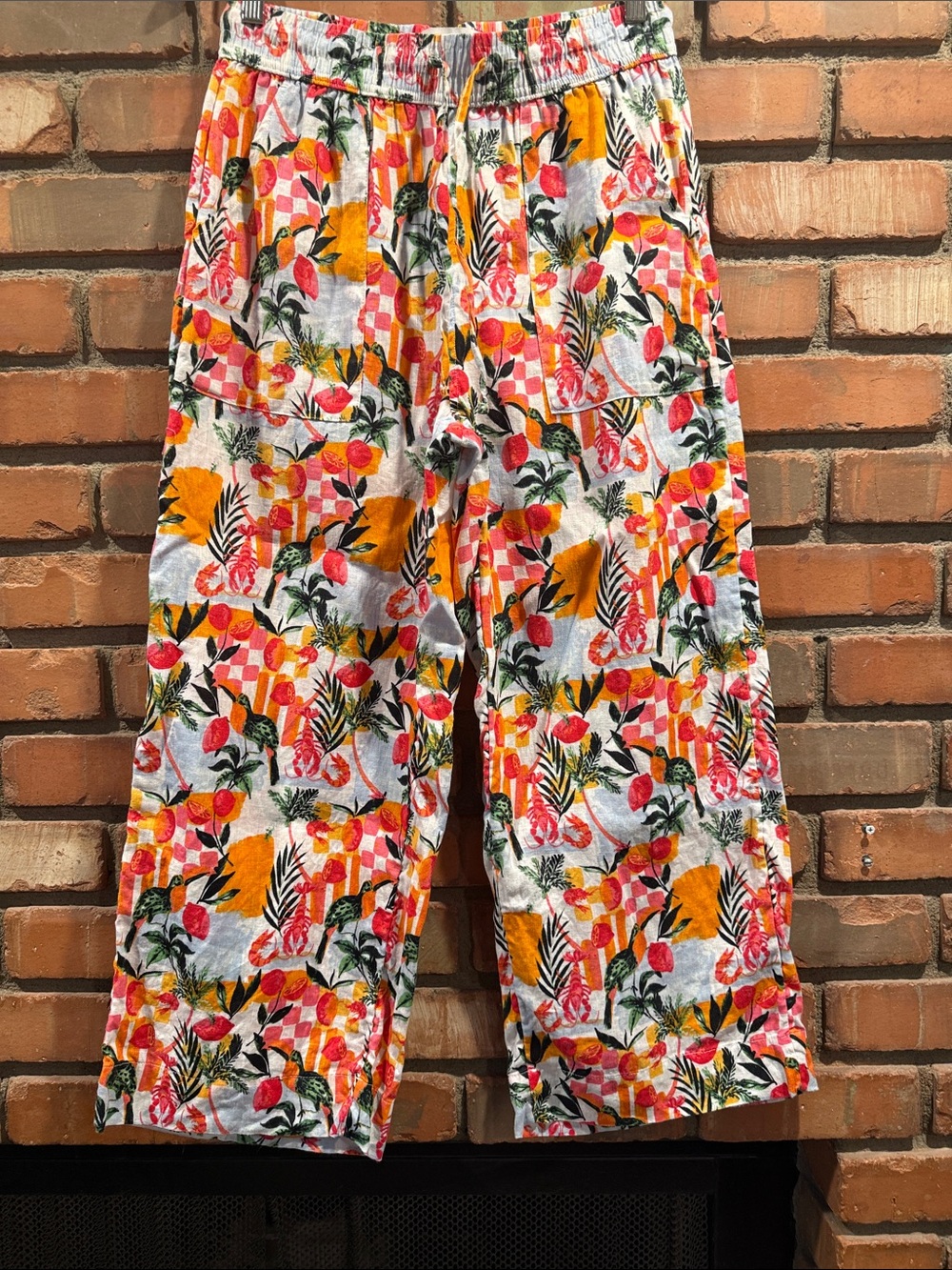 C&C California White Linen Tropical Print Pants with Orange & Pink Accents